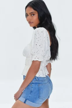 Eyelet Ruffle-Trim Crop Top