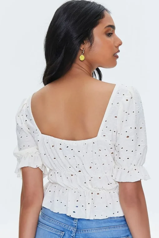 Eyelet Ruffle-Trim Crop Top