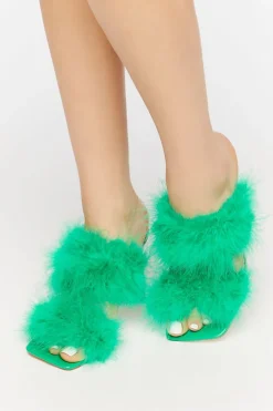 Faux Feather Open-Toe Heels