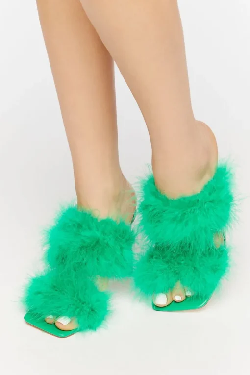 Faux Feather Open-Toe Heels