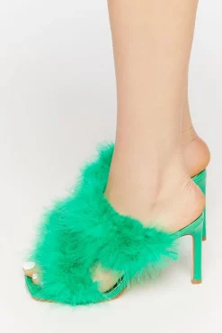 Faux Feather Open-Toe Heels