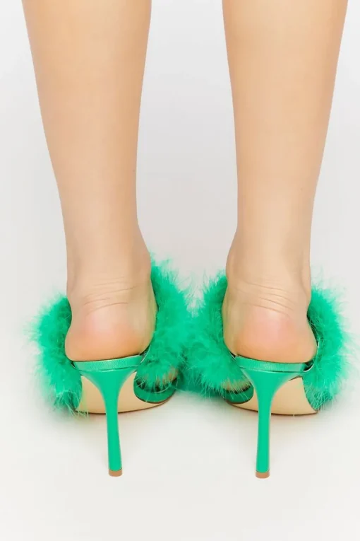 Faux Feather Open-Toe Heels