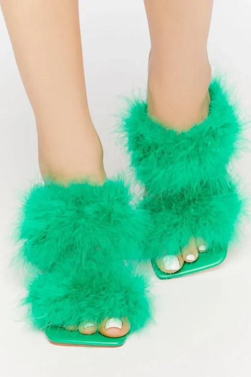 Faux Feather Open-Toe Heels