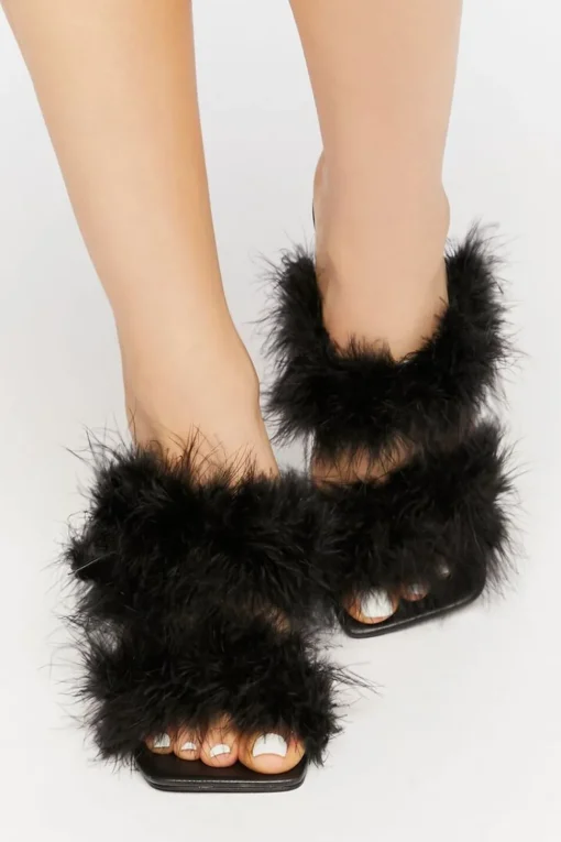 Faux Feather Open-Toe Heels