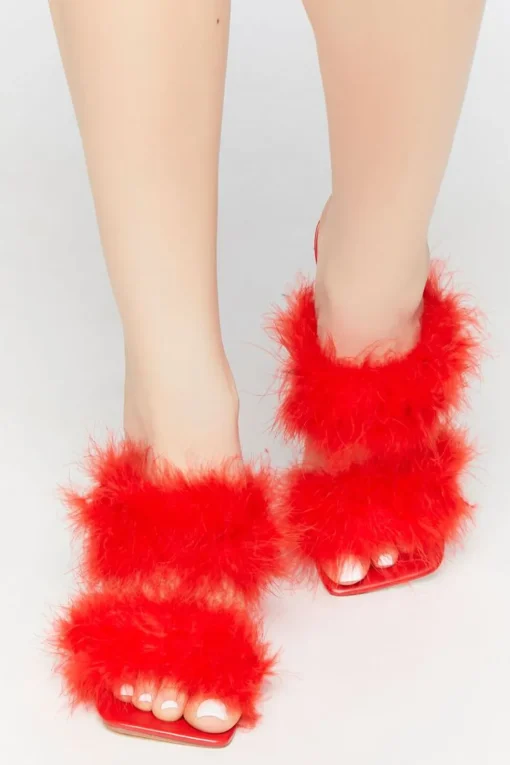 Faux Feather Square-Toe Heels