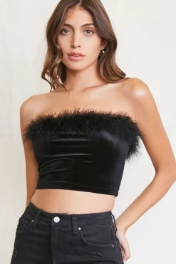 Faux Feather-Trim Tube Top