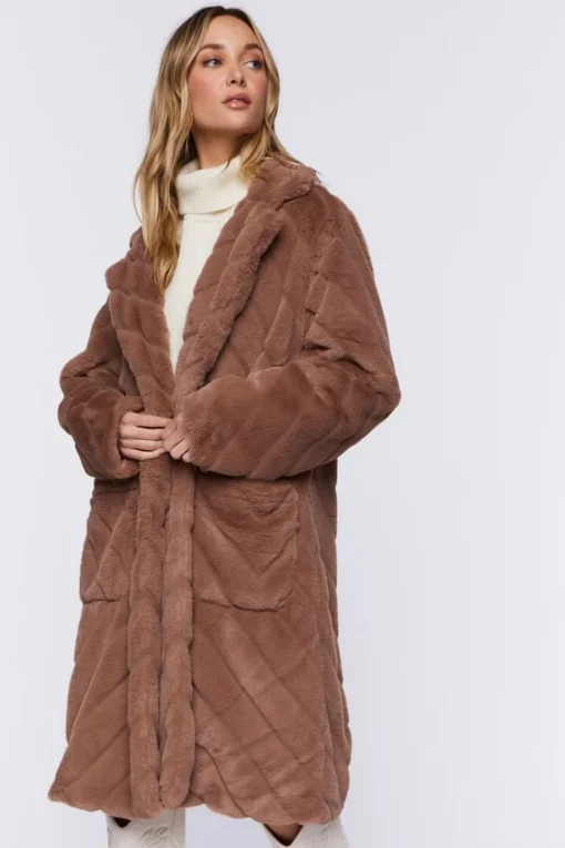 Faux Fur Chevron Duster Coat