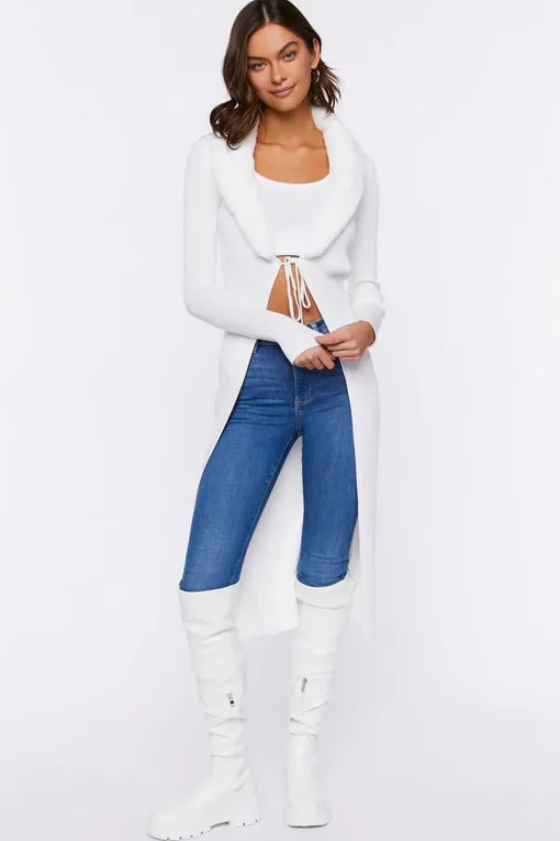 Faux Fur-Trim Duster Cardigan Sweater
