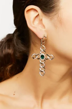 Faux Gem Chain Cross Statement Earrings