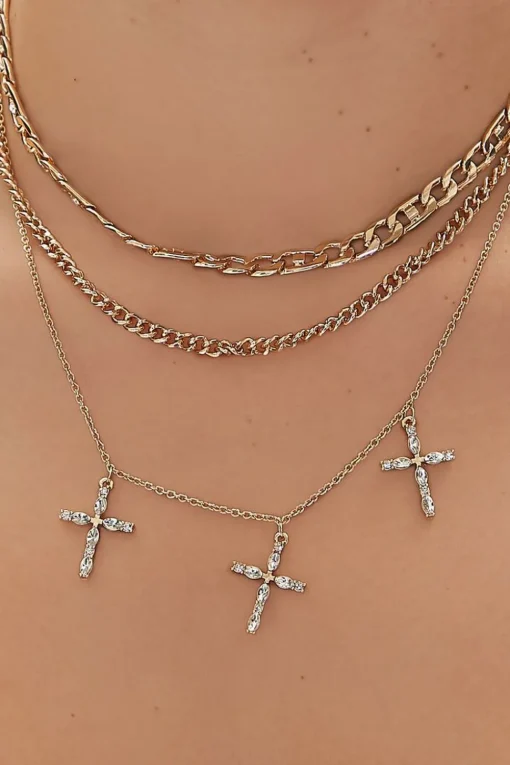 Faux Gem Cross Chain Necklace Set