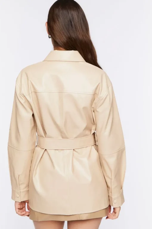 Faux Leather Belted Trench Jacket