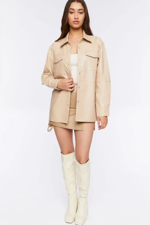 Faux Leather Belted Trench Jacket