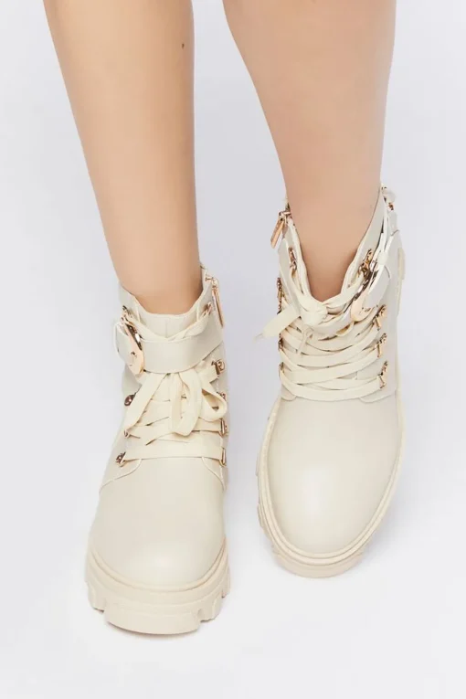 Faux Leather Combat Ankle Boots