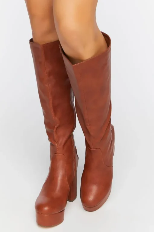 Faux Leather Knee-High Platform Boots