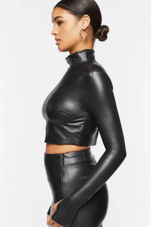 Faux Leather Mock Neck Crop Top