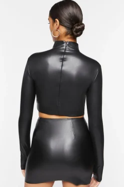 Faux Leather Mock Neck Crop Top