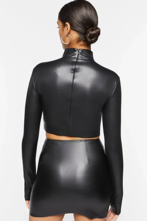 Faux Leather Mock Neck Crop Top