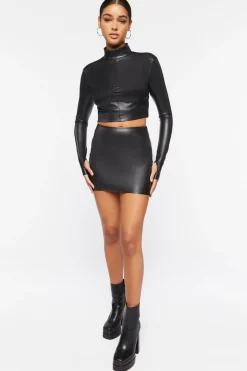 Faux Leather Mock Neck Crop Top