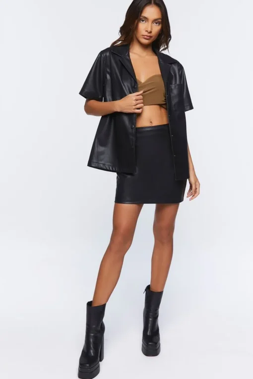 Faux Leather Shirt & Mini Skirt Set