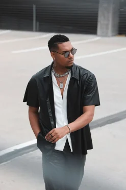 Faux Leather Short-Sleeve Shirt