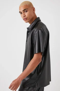 Faux Leather Short-Sleeve Shirt