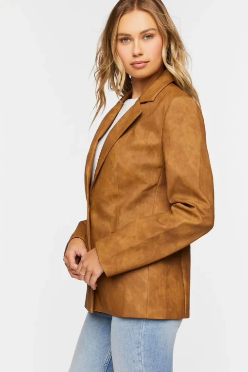 Faux Leather Single-Breasted Blazer