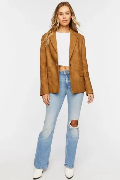 Faux Leather Single-Breasted Blazer