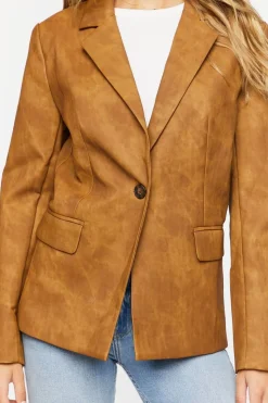 Faux Leather Single-Breasted Blazer
