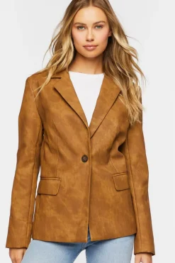 Faux Leather Single-Breasted Blazer