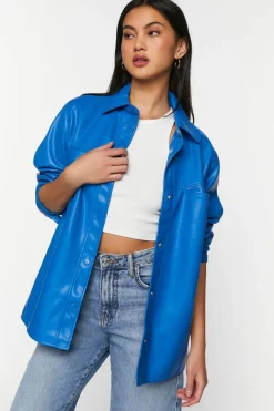 Faux Leather Snap-Button Shacket