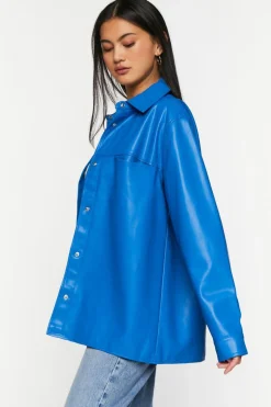 Faux Leather Snap-Button Shacket