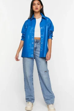 Faux Leather Snap-Button Shacket