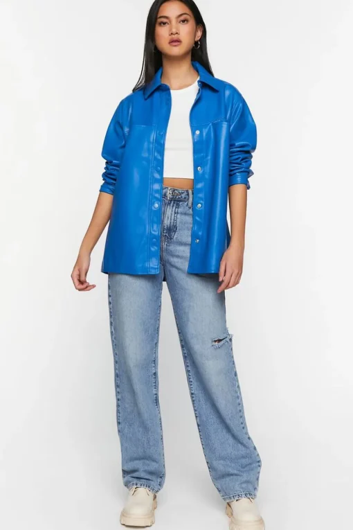 Faux Leather Snap-Button Shacket