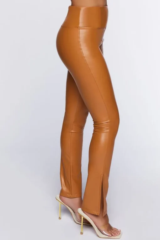 Faux Leather Split-Hem Flare Pants