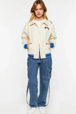 Faux Leather Varsity-Striped Tennis Jacket