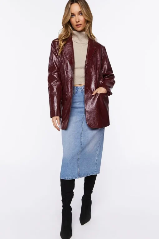 Faux Patent Leather Notched Blazer