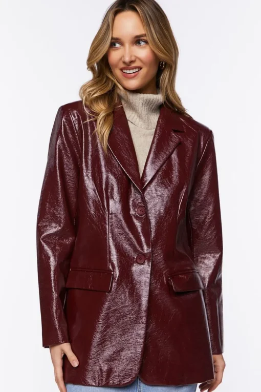 Faux Patent Leather Notched Blazer