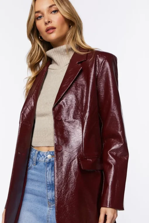 Faux Patent Leather Notched Blazer