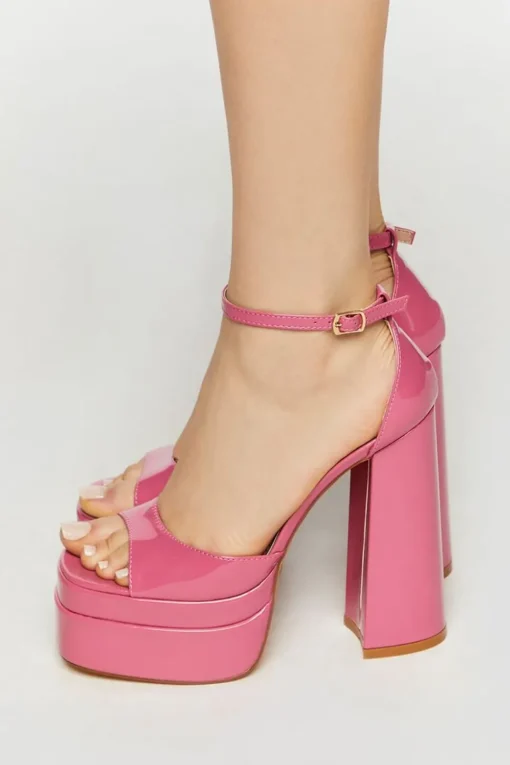 Faux Patent Leather Open-Toe Platform Heels