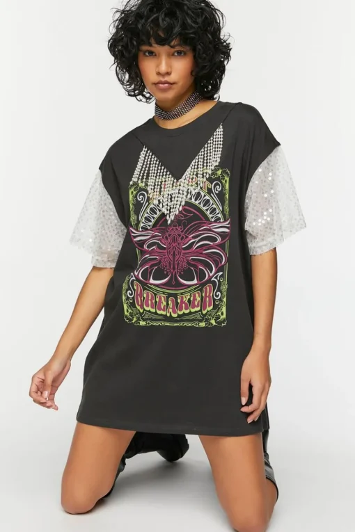 Faux Pearl Fringe Graphic T-Shirt Dress