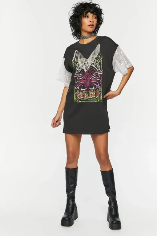 Faux Pearl Fringe Graphic T-Shirt Dress