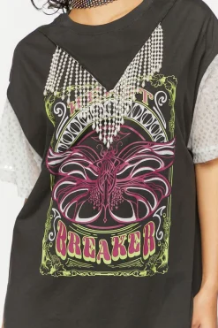 Faux Pearl Fringe Graphic T-Shirt Dress