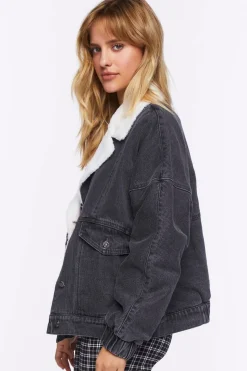 Faux Shearling Denim Bomber Jacket