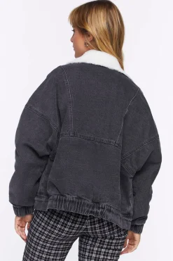 Faux Shearling Denim Bomber Jacket