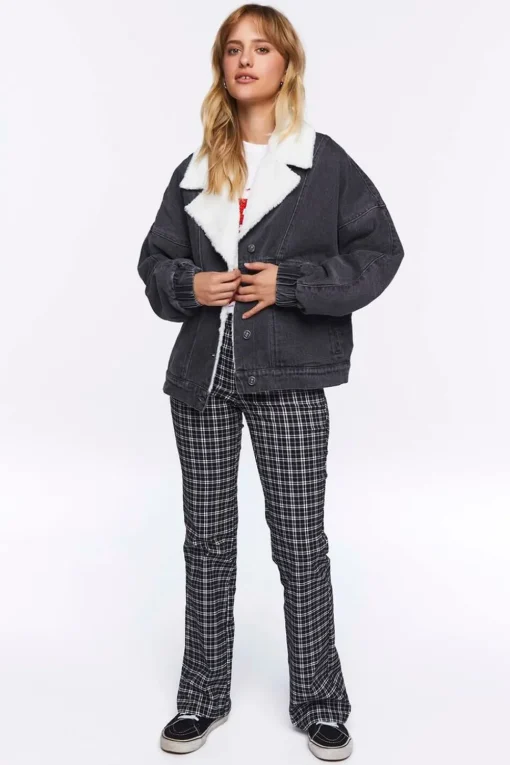 Faux Shearling Denim Bomber Jacket