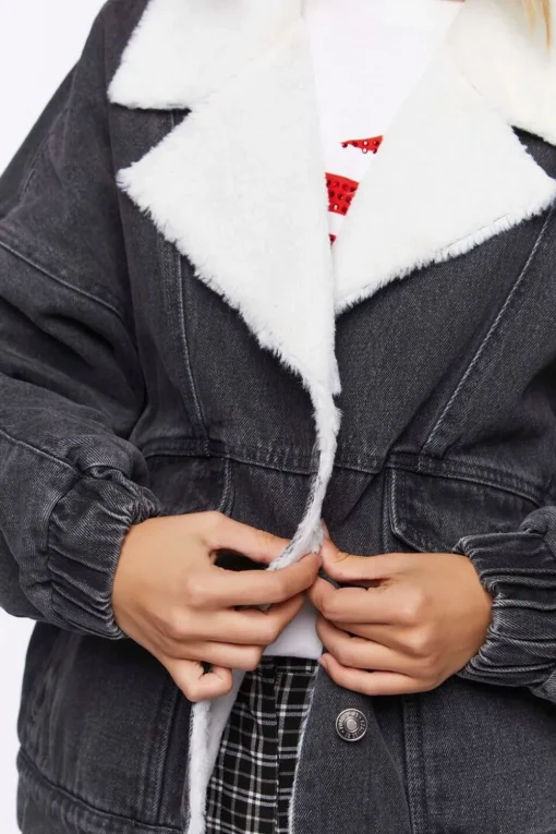 Faux Shearling Denim Bomber Jacket