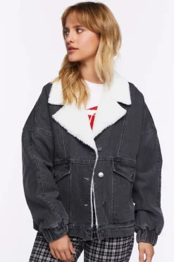 Faux Shearling Denim Bomber Jacket