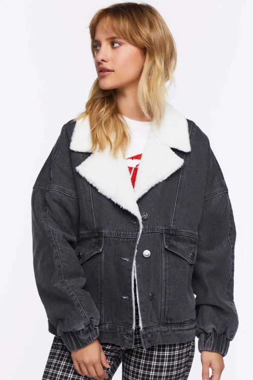 Faux Shearling Denim Bomber Jacket
