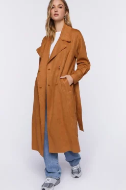 Faux Suede Belted Trench Coat