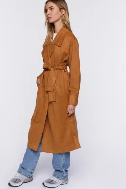 Faux Suede Belted Trench Coat